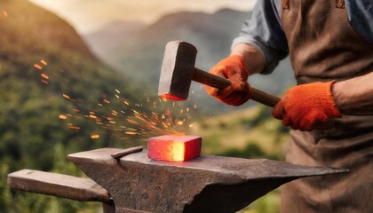 Close-up of blacksmith heavy hammer striking red hot piece of iron