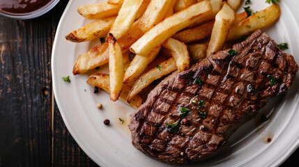 Photograph of a delicious dish with beef, fries and salad. Restaurant.