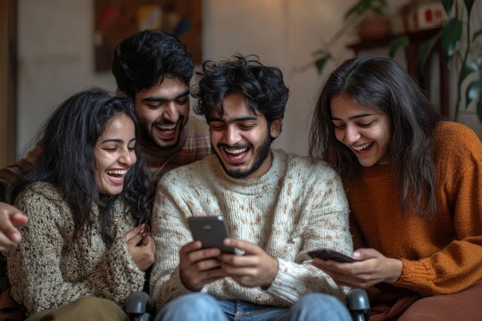 Diverse group of young friends laughing using mobile phone together at home. Inclusion concept with young indian man in wheelchair having fun with friends watching social media content, Generative AI