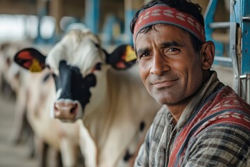 Shes a good weight. Cropped portrait of a male farmer weighing his cows in a dairy factory, Generative AI