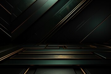 Abstract green and gold geometric background with a platform for product display.