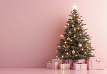 Cover with Christmas tree on pink background. Merry Christmas and Happy New Year. Winter holiday template, postcard, screensaver, banner, poster with space for text. Holiday concept.