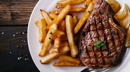 Photograph of a delicious dish with beef, fries and salad. Restaurant.