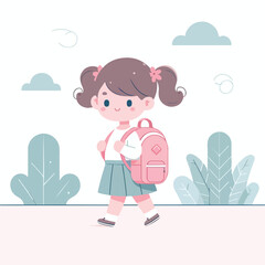 Fototapeta premium vector of little boy walking carrying backpack