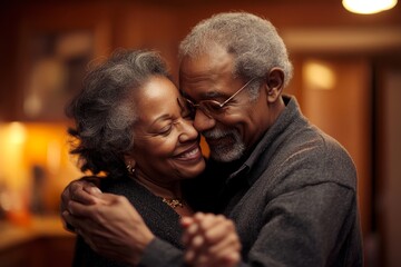 Authentic moment of an African American retired couple sharing a dance in the kitchen, an embodiment of enduring love and romance, Generative AI