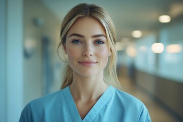 Female healthcare worker standing in hospital corridor, Generative AI