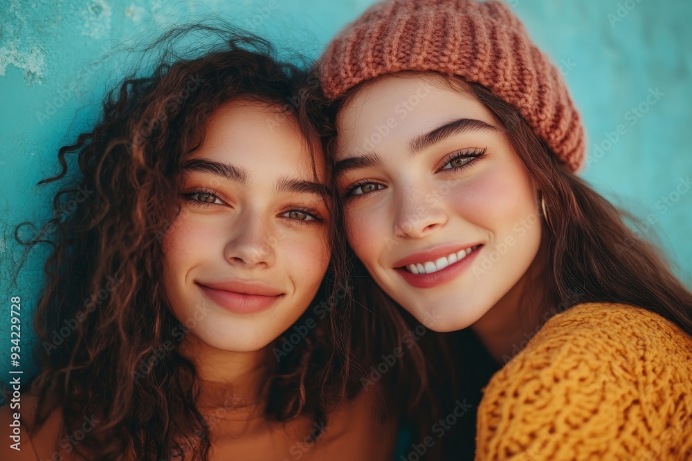 Wall mural Life is beautiful with your bestie by your side. Studio shot of two happy young women posing together against a turquoise background, Generative AI