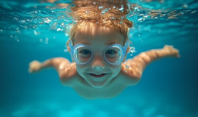 Naklejka premium Happy kid have fun in swimming pool. swimming under water, Funny child swim, dive in pool jump deep down underwater from poolside. Healthy lifestyle, people water sport activity, Generative AI