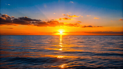 Fototapeta premium A beautiful sunset over a calm ocean with the sun dipping below the Horizon