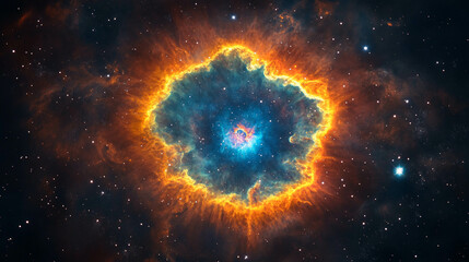 Beautiful colorful planetary nebula in deep sky. Graphic illustration.