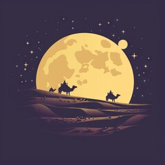Naklejka premium The moon, moonlight in a desert and a caravan with camels in the distance minimalistic style background