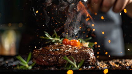 Photograph of steak grilling, tasty, delicious. restaurant.