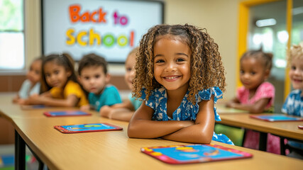 Fototapeta premium Boys and girls sitting at school desks