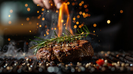 Photograph of steak grilling, tasty, delicious. restaurant.
