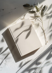Photo of a minimalist blank journal on an elegant white table with sun rays and shadows. Top View of personal planner  Mockup notebook design.