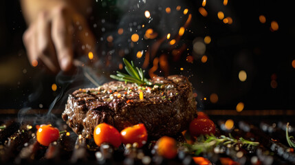Photograph of steak grilling, tasty, delicious. restaurant.