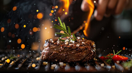 Photograph of steak grilling, tasty, delicious. restaurant.