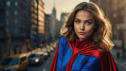 Fototapeta premium A confident female superhero stands ready for action in a bustling urban setting during golden hour, showcasing her vibrant costume and cape