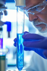 Scientist in a lab, close-up of a scientist examining a test tube filled with a blue liquid, lab equipment in the background