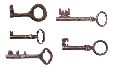 Five old vintage keys isolated