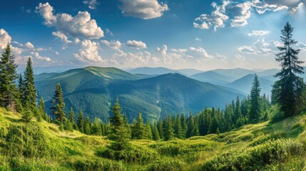 Fototapeta premium Magnificent panoramic view the coniferous forest on the mighty Carpathians Mountains and beautiful blue sky background. Beauty of wild virgin Ukrainian nature. Peacefulness , ai