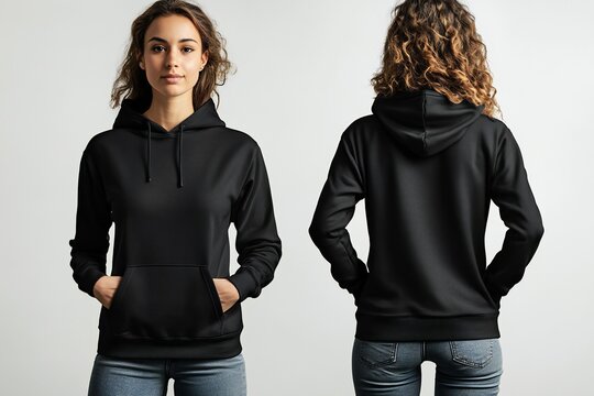 A woman wears a plain black hoodie, front and back, for a t-shirt design mock up