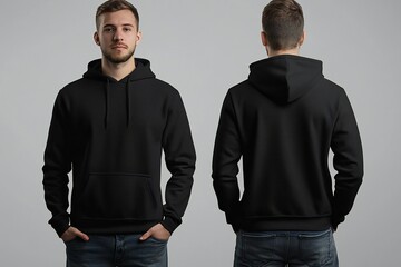 A man wears a plain black hoodie, front and back, for a t-shirt design mock up