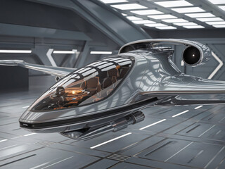Fototapeta premium Futuristic Hover Vehicle in High-Tech Hangar