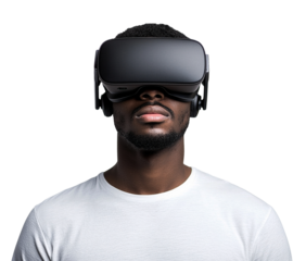 Man using a VR virtual reality headset on transparent background