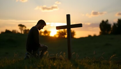 Silhouette of man kneeling near the wooden Christian cross on a nature meadow grass field outdoor at sunset