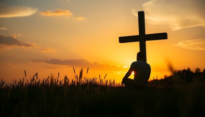 Silhouette of man kneeling near the wooden Christian cross on a nature meadow grass field outdoor at sunset