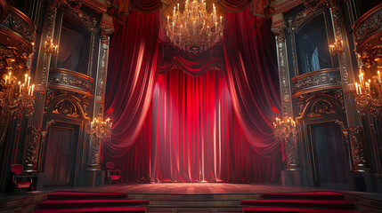 A grand, ornate hall with deep red curtains, a stage, and ornate lighting.