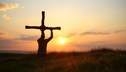 Silhouette of man kneeling near the wooden Christian cross on a nature meadow grass field outdoor at sunset