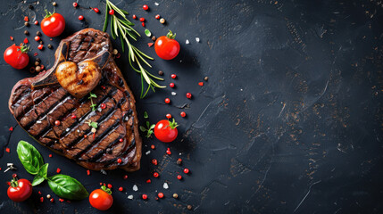 top view of grilled beef steak for valentines day in black background, restaurant.