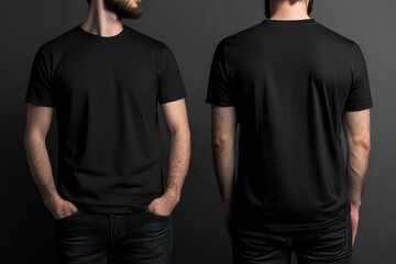 A man wears a plain black t-shirt, front and back, for a t-shirt design mock up