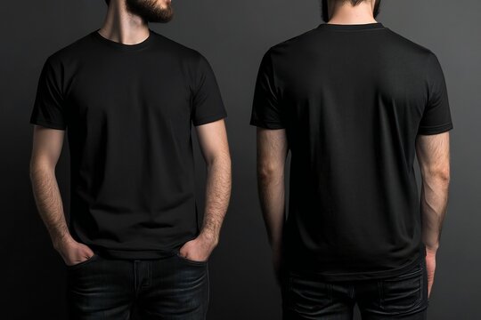 A man wears a plain black t-shirt, front and back, for a t-shirt design mock up