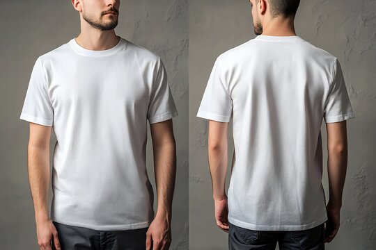 A man wears a plain white t-shirt, front and back, for a t-shirt design mock up