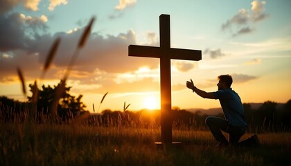 Silhouette of man kneeling near the wooden Christian cross on a nature meadow grass field outdoor at sunset