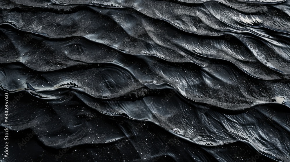 Poster layers of deep black ripple gently, with reflections shimmering softly beneath dim, fading light, ev