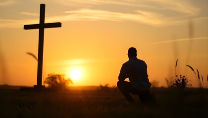 Silhouette of man kneeling near the wooden Christian cross on a nature meadow grass field outdoor at sunset