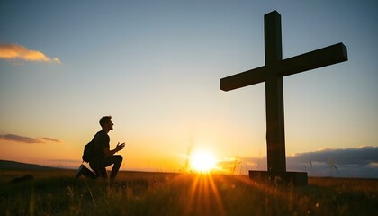 Silhouette of man kneeling near the wooden Christian cross on a nature meadow grass field outdoor at sunset