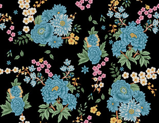 Beautiful Seamless multicolor floral pattern on black background, Allover floral prints