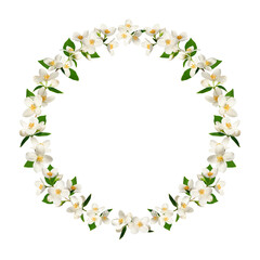 Wreath, round frame of jasmine flowers. Element for creating designs, cards, patterns, floral arrangements, frames, wedding cards and invitations. Overlay background, copy space.