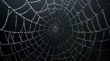 Obraz premium A spiderweb covered in dew drops, in the sunlight.
