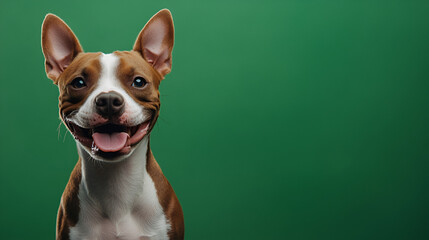 un perro feliz y gracioso divertido posando para la foto en un estudio adorable y confiable sobre un fondo verde con espacio de copia