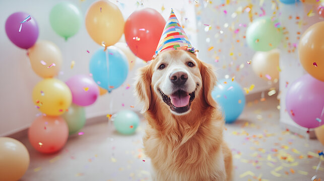 un perro feliz cumpliendo a&ntilde;os con globos de decoracion y gorrito de fiesta confeti y serpentinas decoracion de fiesta 