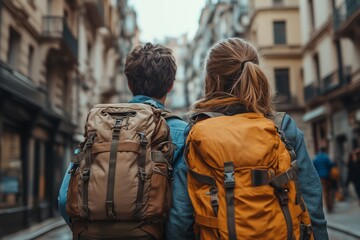 Obraz premium Travelers explore a picturesque street in a historic European city, carrying backpacks on a cloudy day