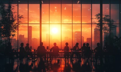 Office, silhouette and business group of people working in cafeteria, boardroom with large windows. Sunset, silhouette and city background for meeting, company and conference in modern, Generative AI