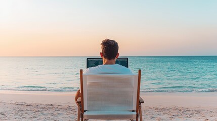 Fototapeta premium Digital nomad on a virtual conference call from a serene beach, high-tech laptop, seamless work environment, remote work trends, tech-enabled lifestyle