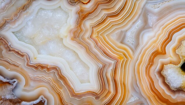 Intricate, layered patterns of orange and white create a mesmerizing abstract design, reminiscent of agate formations. Perfect for backgrounds, digital art, or creative design projects.